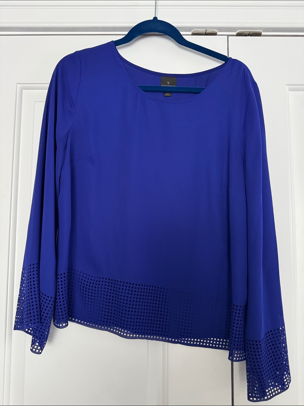 Worthington Cobalt Blue Long-Sleeve Blouse with Laser-Cut Hem
